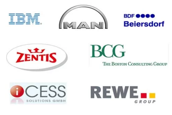 Logos der X-INTEGRATE Kunden IBM, MAN, BDF Beiersdorf, Zentis, BCG, CESS SOLUTIONS und REWE